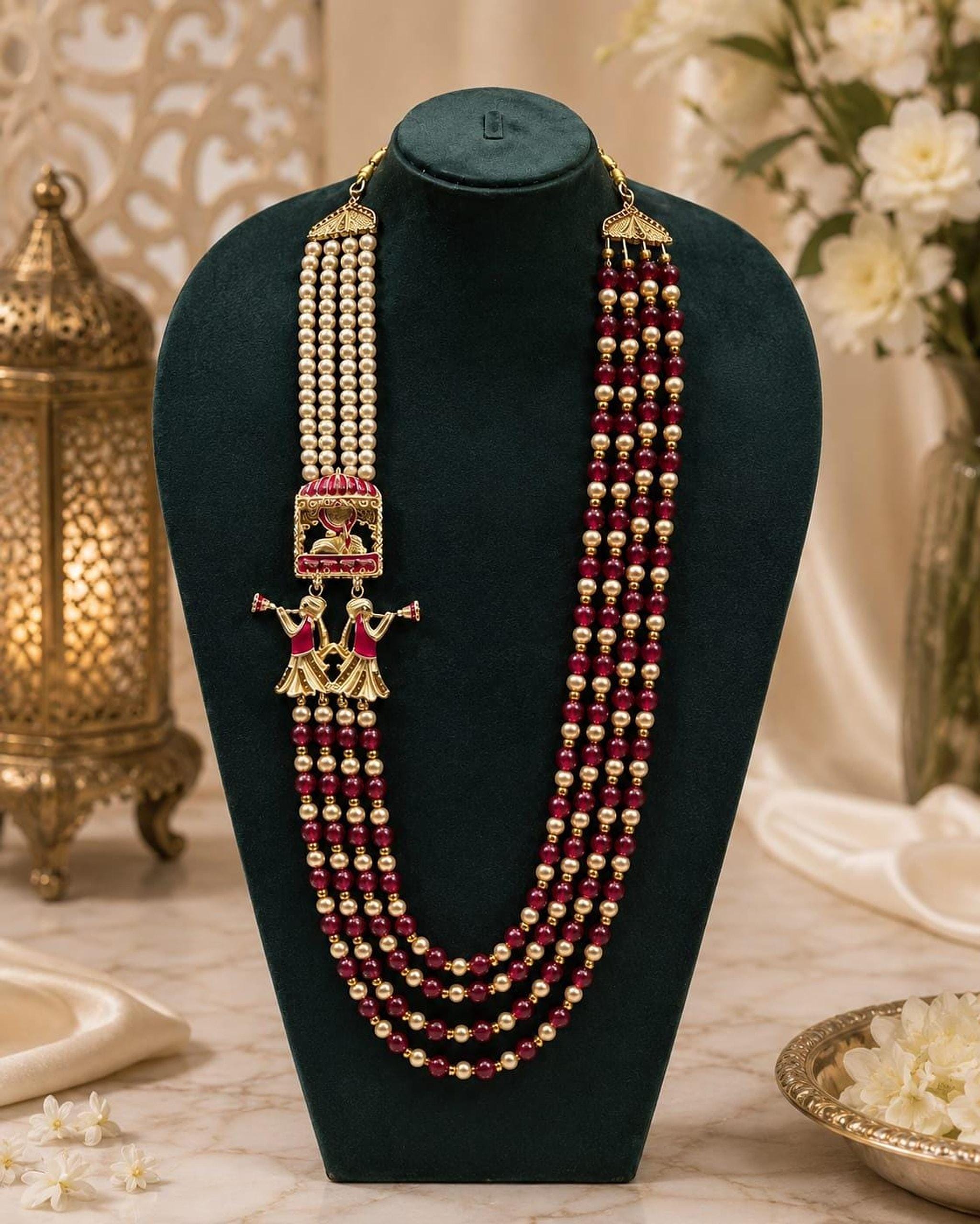 Groom Necklace, Glass Bead Sherwani Haar with Ruby-Red