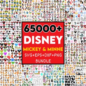 May include: A digital bundle of Disney-themed graphics, featuring Mickey and Minnie Mouse, and other characters. The image displays a variety of designs, with the text "65000+ DISNEY MICKEY & MINNE SVG+EPS+DXF+PNG BUNDLE" in a red rectangle.