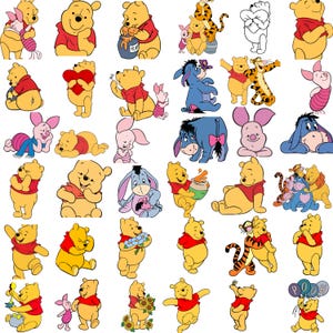 May include: A collection of cartoon illustrations featuring Winnie the Pooh and his friends. The characters are depicted in various poses and activities, including holding honey pots, hugging, and carrying balloons. The color palette includes yellow, red, blue, and orange.