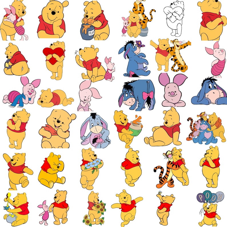 May include: A collection of cartoon illustrations featuring Winnie the Pooh and his friends. The characters are depicted in various poses and activities, including holding honey pots, hugging, and carrying balloons. The color palette includes yellow, red, blue, and orange.