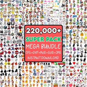 May include: A collection of various cartoon and pop culture graphics, including characters from Disney, Marvel, and other popular franchises. The image features a red square with the text "220,000+ SUPER PACK MEGA BUNDLE INSTANT DOWNLOAD".
