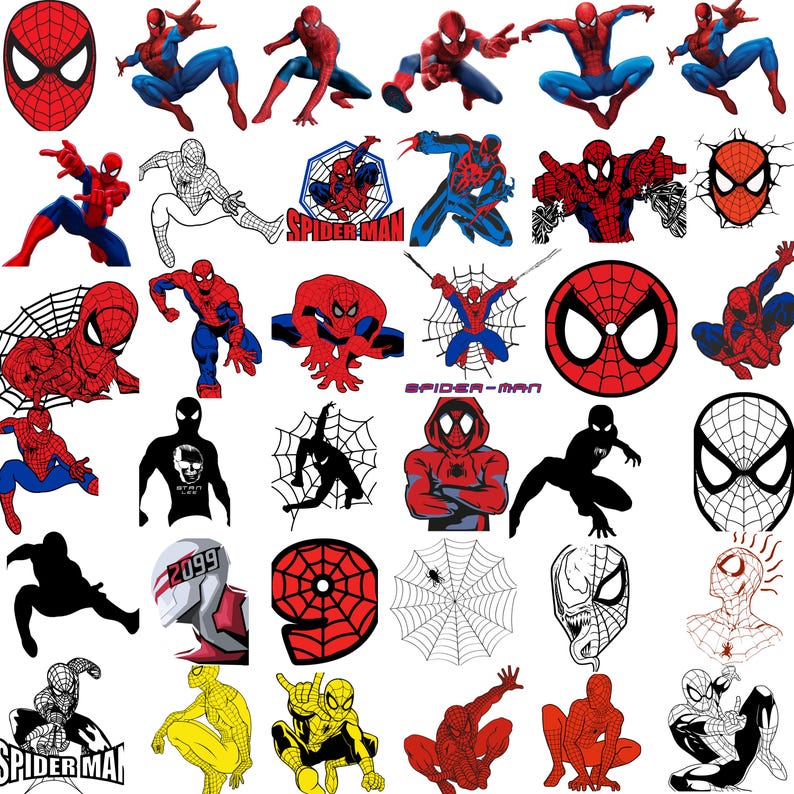 May include: A collection of various Spider-Man illustrations and logos. The images feature the superhero in action poses, masks, and web designs. Colors include red, blue, black, and white. Some images include the text "Spider-Man".