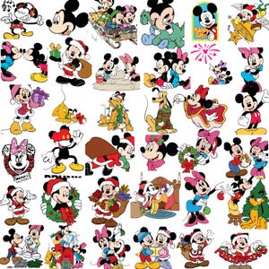 May include: A collection of cartoon illustrations featuring Mickey Mouse, Minnie Mouse, and Pluto in various poses. Some characters are dressed in holiday attire, with Santa hats and Christmas decorations. The images are in a colorful, cartoon style.
