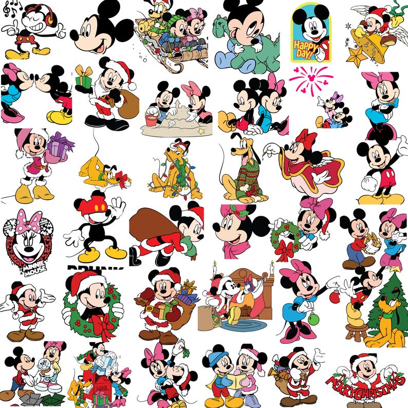 May include: A collection of cartoon illustrations featuring Mickey Mouse, Minnie Mouse, and Pluto in various poses. Some characters are dressed in holiday attire, with Santa hats and Christmas decorations. The images are in a colorful, cartoon style.