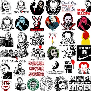 May include: A collection of horror-themed stickers featuring iconic characters and phrases. Designs include Pennywise, Michael Myers, Beetlejuice, Jason Voorhees, and the Scream mask. Text includes "Slay All Day!" and "Horror Movie Addict."