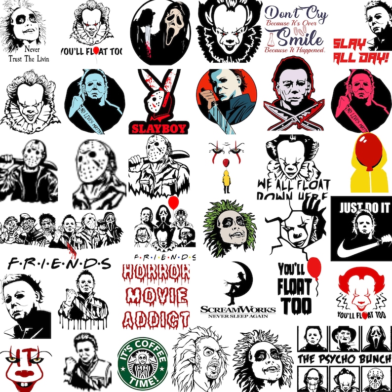 May include: A collection of horror-themed stickers featuring iconic characters and phrases. Designs include Pennywise, Michael Myers, Beetlejuice, Jason Voorhees, and the Scream mask. Text includes "Slay All Day!" and "Horror Movie Addict."