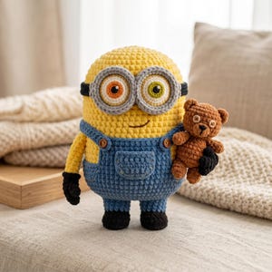 May include: A crocheted Minion figure in yellow, blue, and black, holding a small brown teddy bear. The Minion has large, round eyes with gray frames and wears blue overalls. The teddy bear has button eyes and a black paw.