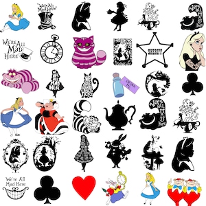 May include: A collection of Alice in Wonderland-themed graphics. Includes illustrations of Alice, the Cheshire Cat, the Mad Hatter's hat, a pocket watch, playing card suits, and text that reads "We're All Mad Here" and "Drink Me".