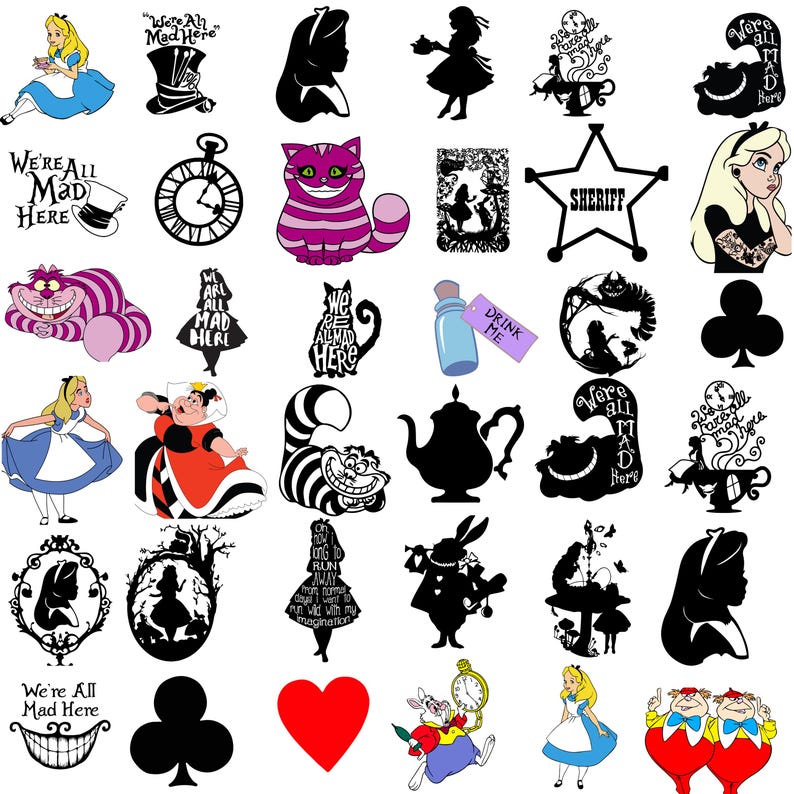 May include: A collection of Alice in Wonderland-themed graphics. Includes illustrations of Alice, the Cheshire Cat, the Mad Hatter's hat, a pocket watch, playing card suits, and text that reads "We're All Mad Here" and "Drink Me".
