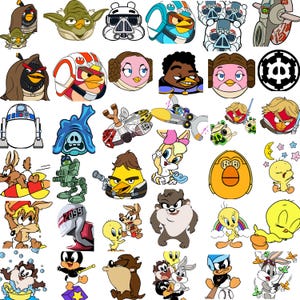 May include: A collection of cartoon character illustrations, including Angry Birds dressed as Star Wars characters, Looney Tunes characters, and other animated figures. The images feature various colors and designs, suitable for stickers or prints.