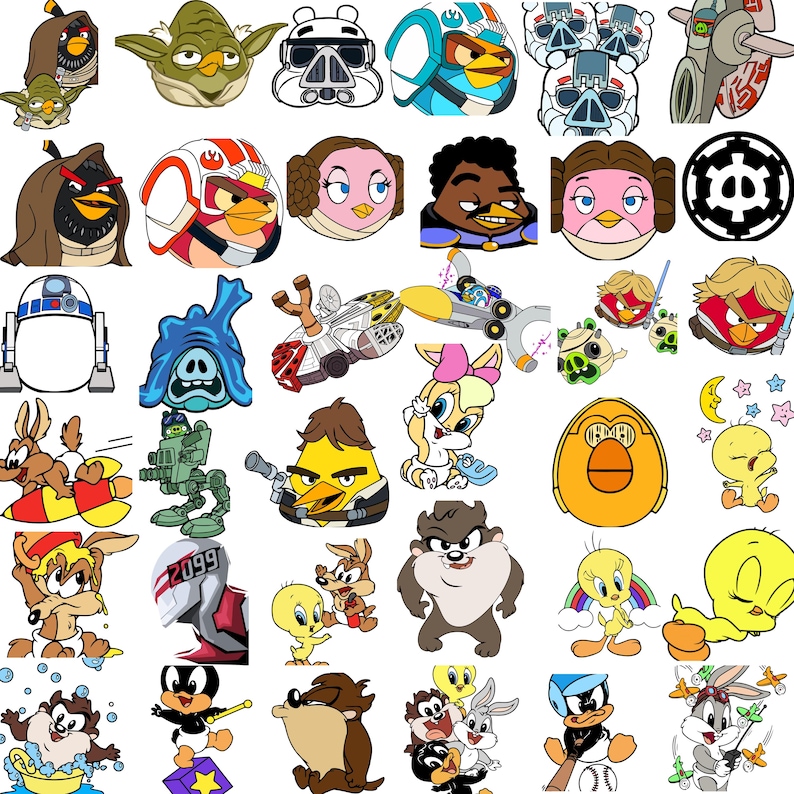 May include: A collection of cartoon character illustrations, including Angry Birds dressed as Star Wars characters, Looney Tunes characters, and other animated figures. The images feature various colors and designs, suitable for stickers or prints.