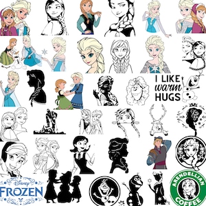 May include: A collection of various images featuring characters from the Disney movie "Frozen." The images include illustrations of Elsa, Anna, Olaf, and other characters in both color and black and white.