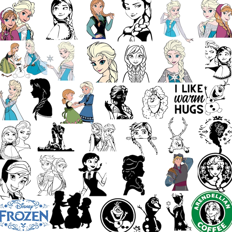 May include: A collection of various images featuring characters from the Disney movie "Frozen." The images include illustrations of Elsa, Anna, Olaf, and other characters in both color and black and white.