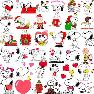 May include: A collection of Snoopy and Woodstock illustrations in various poses, with hearts, Christmas themes, and Valentine's Day motifs. Snoopy is depicted in black and white with red accents, holding hearts, wearing Santa hats, and celebrating Valentine's Day.