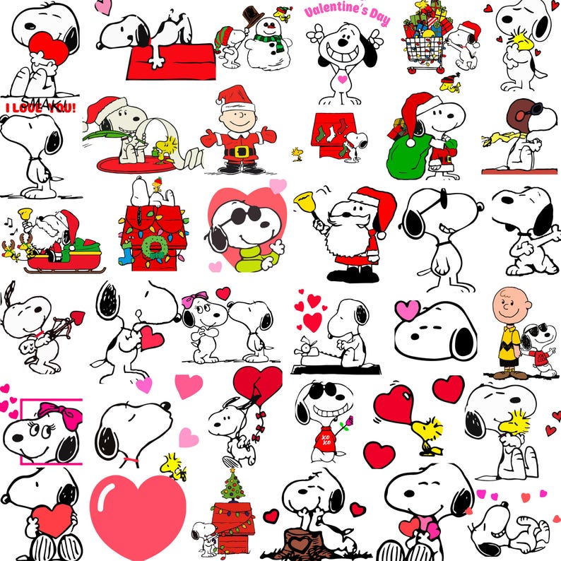 May include: A collection of Snoopy and Woodstock illustrations in various poses, with hearts, Christmas themes, and Valentine's Day motifs. Snoopy is depicted in black and white with red accents, holding hearts, wearing Santa hats, and celebrating Valentine's Day.