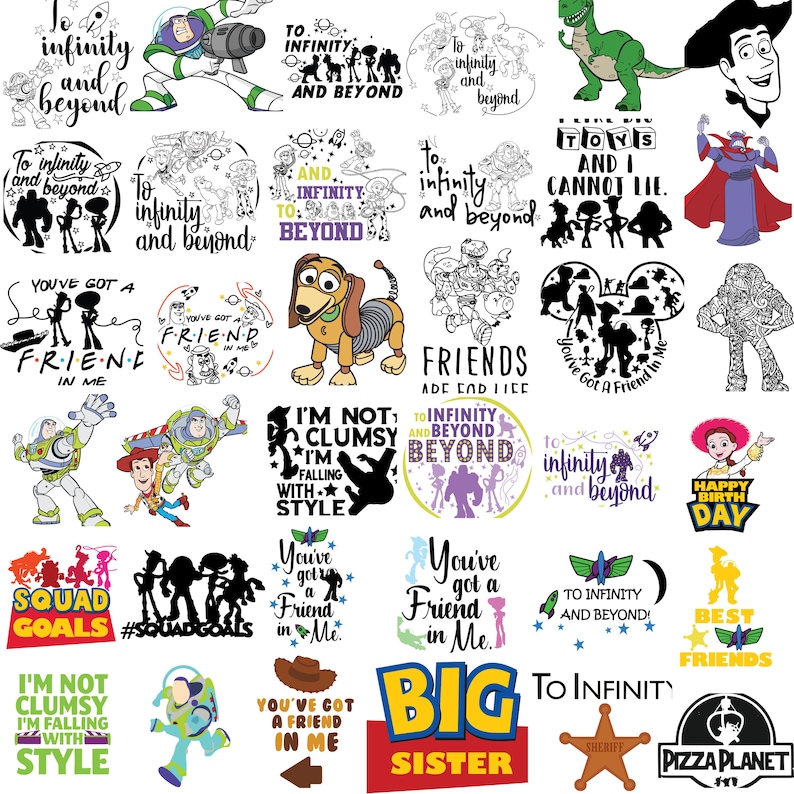 May include: A collection of colorful Toy Story-themed graphics. Designs include Buzz Lightyear, Woody, and other characters with phrases like "To Infinity and Beyond" and "You've Got a Friend in Me."