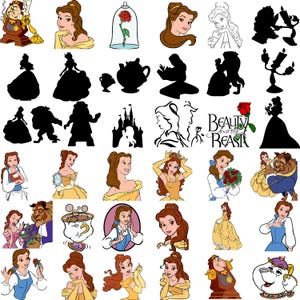 May include: A collection of colorful illustrations and silhouettes featuring characters and elements from the animated film "Beauty and the Beast." Includes images of Belle, the Beast, Cogsworth, Lumiere, and the enchanted rose.