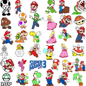 May include: A collection of colorful Super Mario Bros. character stickers. The image features Mario, Luigi, Princess Peach, Yoshi, and various other characters and elements from the popular video game series. The text "Super Mario Bros. 3" is also visible.