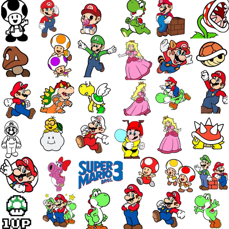 May include: A collection of colorful Super Mario Bros. character stickers. The image features Mario, Luigi, Princess Peach, Yoshi, and various other characters and elements from the popular video game series. The text "Super Mario Bros. 3" is also visible.