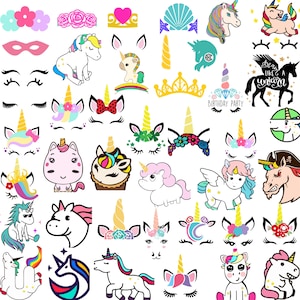 May include: A collection of colorful unicorn-themed graphics and illustrations. Includes various unicorn designs, faces, horns, eyelashes, crowns, and the text "Birthday Party". Perfect for crafting and party decorations.