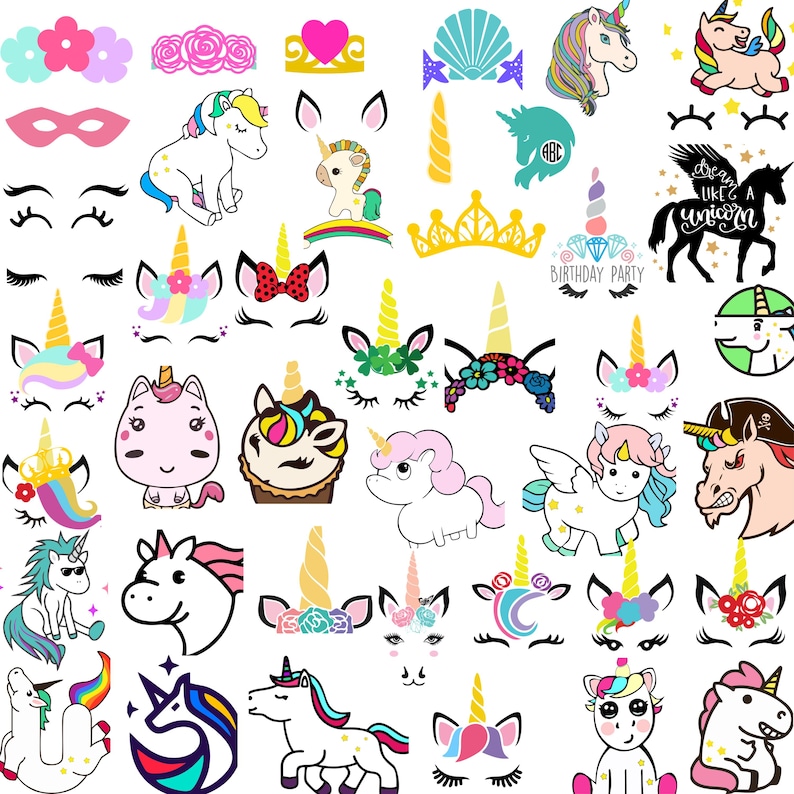May include: A collection of colorful unicorn-themed graphics and illustrations. Includes various unicorn designs, faces, horns, eyelashes, crowns, and the text "Birthday Party". Perfect for crafting and party decorations.