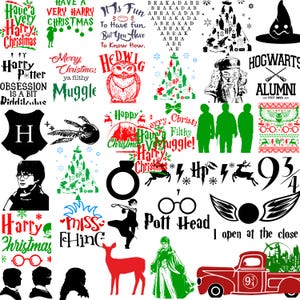 May include: A collection of Harry Potter-themed graphics and text elements. Includes silhouettes, quotes, and holiday-themed designs. Features a red pickup truck with a 9 3/4 logo, a stag, and the Hogwarts crest.
