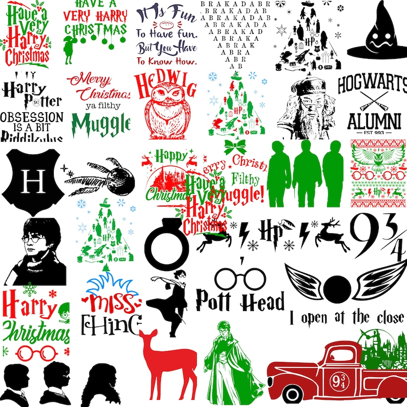 May include: A collection of Harry Potter-themed graphics and text elements. Includes silhouettes, quotes, and holiday-themed designs. Features a red pickup truck with a 9 3/4 logo, a stag, and the Hogwarts crest.