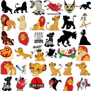 May include: A collection of colorful Lion King themed images. The images include characters like Simba, Timon, Pumbaa, and Scar, along with text like "Hakuna Matata" and "Lion King". The images are in various poses and styles.