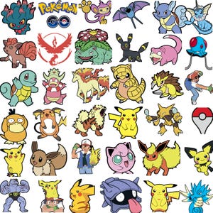 May include: A collection of colorful Pok&eacute;mon character stickers. The image includes various Pok&eacute;mon, the Pok&eacute;mon GO logo, and the Team Valor emblem. The stickers feature a variety of colors and designs, perfect for fans of the franchise.