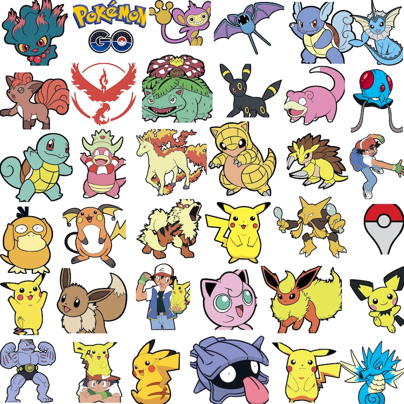 May include: A collection of colorful Pok&eacute;mon character stickers. The image includes various Pok&eacute;mon, the Pok&eacute;mon GO logo, and the Team Valor emblem. The stickers feature a variety of colors and designs, perfect for fans of the franchise.