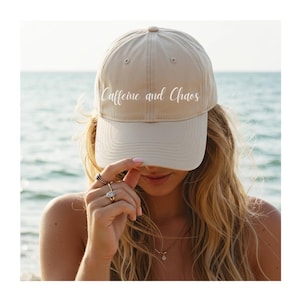 Caffeine and Chaos Baseball Cap | Script Text Coffee Theme