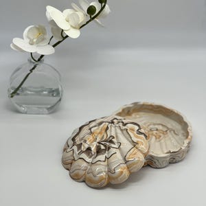 May include: A decorative, open seashell-shaped trinket box with a lid, featuring a marbled pattern in shades of beige, brown, and cream. A clear glass vase with white orchid flowers is in the background.