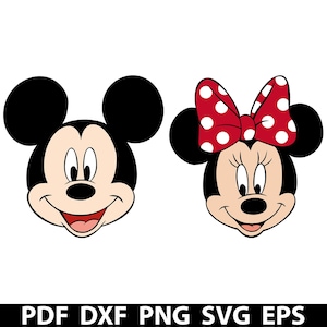 Puede incluir: Ilustración vectorial de Mickey Mouse y Minnie Mouse. Mickey tiene una cabeza negra con grandes orejas negras, una cara blanca y una sonrisa roja. Minnie tiene una cabeza negra con un lazo rojo con lunares blancos. Incluye el texto "PDF DXF PNG SVG EPS".