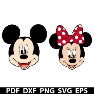 May include: A vector graphic featuring the faces of Mickey Mouse and Minnie Mouse. Mickey has a black head and ears, a white face, and a red mouth. Minnie has a red bow with white polka dots and a black head and ears. The image includes the text "PDF DXF PNG SVG EPS".