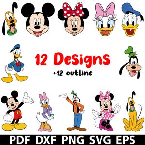 Könnte beinhalten: Eine Sammlung von 12 Cartoon-Charakter-Designs, darunter Micky Maus, Minnie Maus, Donald Duck, Daisy Duck und Goofy. Die Designs sind in verschiedenen Posen und Stilen, mit dem Text "12 Designs +12 outline" in Rot.