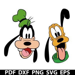 May include: Cartoon illustrations of Goofy and Pluto. Goofy is wearing a green hat, and Pluto has a green collar. Both characters have black ears and noses, with their tongues sticking out. The image includes the text "PDF DXF PNG SVG EPS" at the bottom.