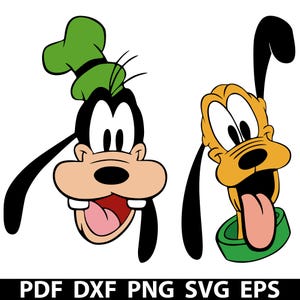 Puede incluir: Ilustración digital con dos caras de perros de dibujos animados. Un perro tiene la cara negra, un gorro verde y una gran boca abierta. El otro perro es amarillo con un collar verde y una lengua larga. Incluye el texto "PDF DXF PNG SVG EPS".