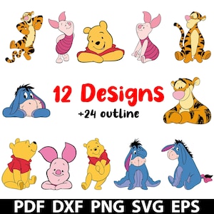 Puede incluir: Una colección de diseños de personajes de dibujos animados coloridos, incluyendo Winnie the Pooh, Piglet, Tigger y Eeyore. La imagen presenta el texto "12 Designs +24 outline" y opciones de tipo de archivo: PDF, DXF, PNG, SVG y EPS.