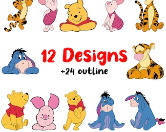 Winnie and Friends SVG PNG Set, Outline, Layered, Cricut Silhouette Cut File (Digital Download)