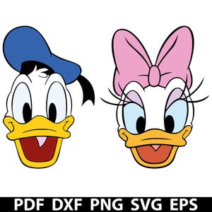 May include: A digital illustration of Donald Duck and Daisy Duck's faces. Donald Duck is wearing a blue sailor hat and Daisy Duck has a pink bow. Both have yellow beaks, white faces, and black eyes. The image includes the text "PDF DXF PNG SVG EPS".