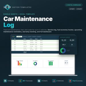 Op de afbeelding: Digitale download van een sjabloon voor een auto onderhoudslogboek. Het sjabloon bevat secties voor servicelogs, brandstofverbruik tracking en een volledig dashboard. Het sjabloon is ontworpen voor maximaal 2 voertuigen en bevat 5 vellen, 80+ formules en 3 grafieken.