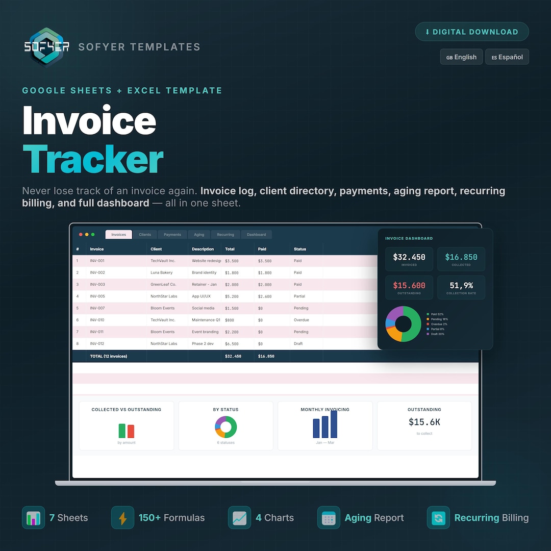 Invoice Tracker Google Sheets Excel Template (digital Download) - Etsy