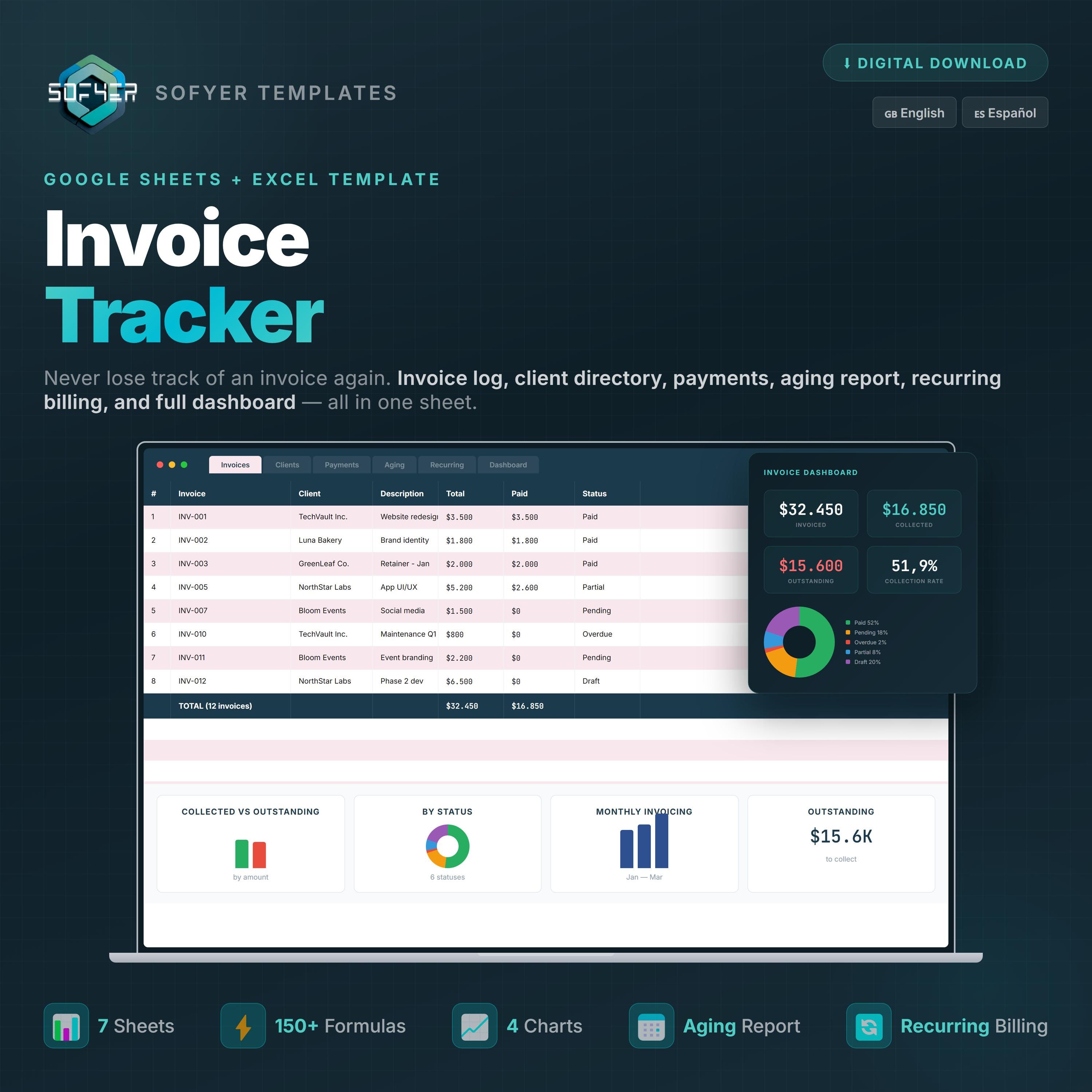 Invoice Tracker Google Sheets Excel Template (digital Download) - Etsy