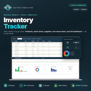 Könnte beinhalten: Digitale Inventar-Tracker-Vorlage für Google Sheets und Excel. Das Design zeigt einen dunkelblauen Hintergrund mit dem Titel "Inventory Tracker" in großen weißen Buchstaben. Die Vorlage enthält Diagramme, Formeln und In/Out-Tracking.