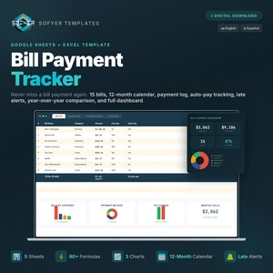 Op de afbeelding: Een digitale downloadafbeelding voor een factuurbetalingsvolger. Het ontwerp toont een laptopscherm met een spreadsheet met financiële gegevens, grafieken en de tekst "Bill Payment Tracker". Het kleurenschema is donkerblauwgroen en wit.