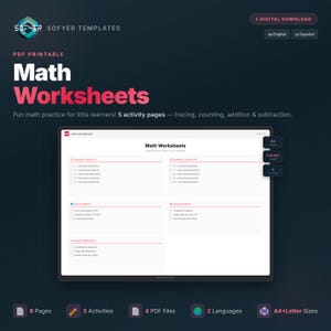 May include: Digital download of math worksheets for little learners. The PDF printable includes 5 activities, tracing, counting, addition, and subtraction. The worksheets are available in 2 languages and A4+Letter sizes.
