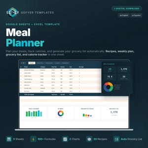 May include: Digital Meal Planner template for Google Sheets and Excel. The dark teal graphic shows a laptop screen displaying a meal plan with recipes, calories, and a grocery list. Includes 5 sheets, 100+ formulas, 2 charts, 20 recipes, and an auto grocery list.