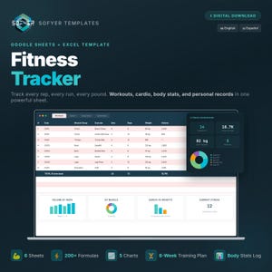 Op de afbeelding: Een digitale fitness tracker template op een laptopscherm. De template bevat secties voor workouts, lichaamsstatistieken en persoonlijke records. Het scherm toont gegevens in een spreadsheet formaat, met grafieken. Inclusief 6 vellen, 200+ formules, 5 grafieken, een 8-weekse trainingsplan en een lichaamsstatistieken logboek.