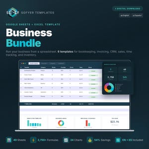 May include: A digital download graphic for a business bundle, including 6 templates for bookkeeping, invoicing, CRM, sales, time tracking, and inventory. The image shows a spreadsheet with charts and data, with the text "Business Bundle". Includes 49 sheets, 2,750+ formulas, and 34 charts.