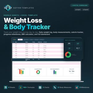 Op de afbeelding: Digitale download van een sjabloon voor gewichtsverlies en lichaamstracker. De donkerblauwe afbeelding bevat de tekst "Weight Loss & Body Tracker" en een laptopscherm met gegevens over gewichtsverlies. Inclusief 6 vellen, 100+ formules, 3 grafieken en 12 lichaamsmetingen.